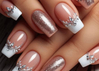 Unhas decoradas com francesinha branca e glitter rose