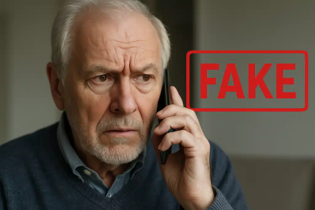 Homem idoso preocupado enquanto recebe uma ligação telefônica, representando o novo golpe.