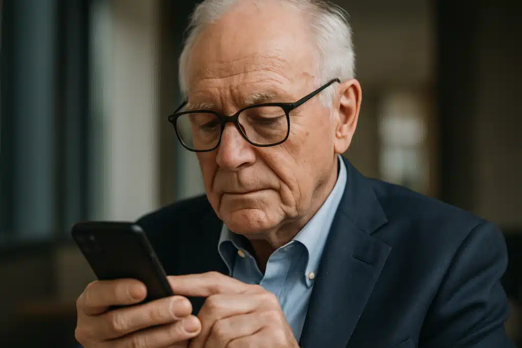 Como Evitar Golpes Online Homem idoso concentrado usando smartphone, refletindo sobre como evitar golpes online.