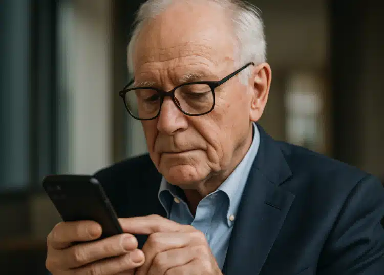 Homem idoso concentrado usando smartphone, refletindo sobre como evitar golpes online.