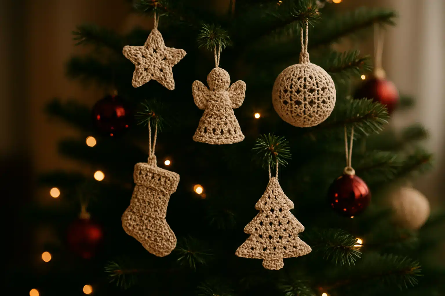 Enfeites de crochê em forma de estrela, anjo, bola, meia e árvore pendurados em uma árvore de Natal