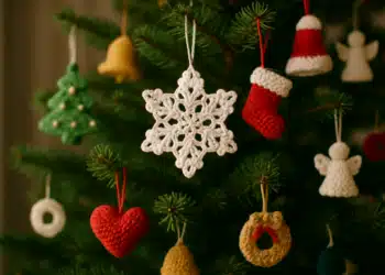 Enfeites de crochê pendurados em árvore de Natal