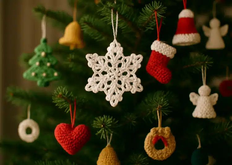 Enfeites de crochê pendurados em árvore de Natal