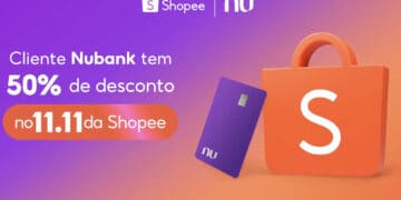 Oferta de 50% de desconto na Shopee para clientes Nubank no dia 11.11 com cartão roxo e sacola laranja