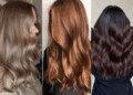 Três mulheres exibindo diferentes tons de cabelo com ondas: loiro bege, cobre e castanho escuro.