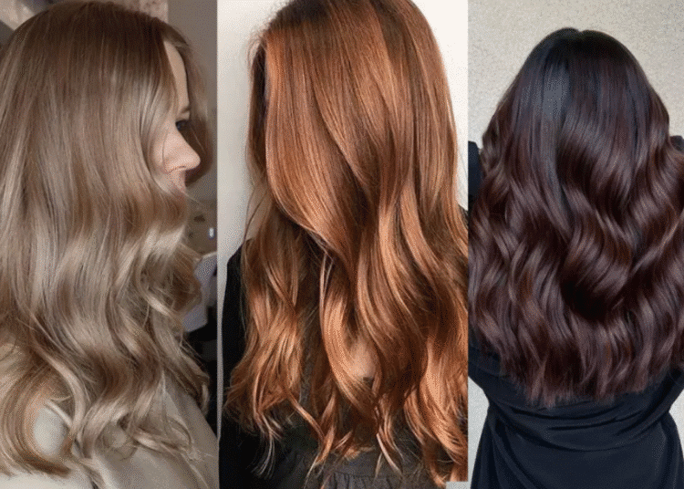 Três mulheres exibindo diferentes tons de cabelo com ondas: loiro bege, cobre e castanho escuro.