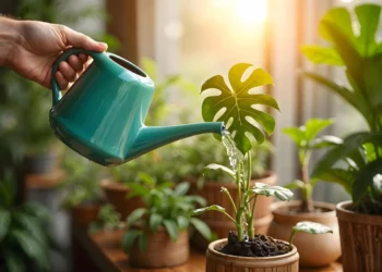 Pessoa regando planta verde com regador moderno em ambiente iluminado.