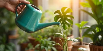 Pessoa regando planta verde com regador moderno em ambiente iluminado.