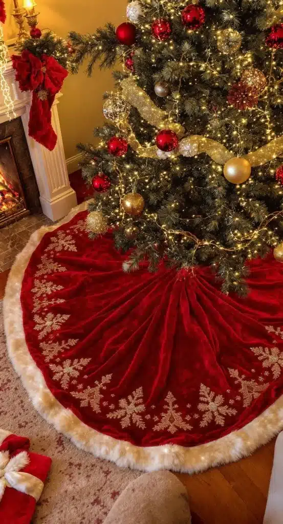Saia de árvore de Natal com bordados dourados e acabamento em pelúcia. Saia de árvore vermelha com bordados dourados de flocos de neve, complementando a decoração da árvore de Natal.