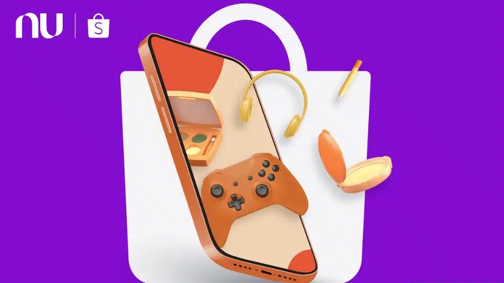 Compra online com Nubank e Shopify Celular exibindo controle de videogame com acessórios de maquiagem e fones sobre fundo roxo