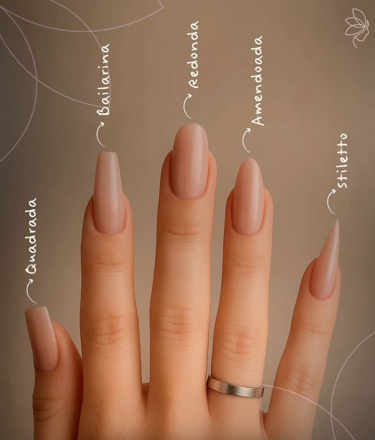 Diagrama de formatos de unha: Quadrada, Bailarina, Redonda, Amendoada, Stiletto; guia para escolher o estilo ideal