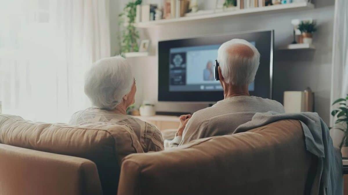 Casal idoso assistindo TV, sentado no sofá, com um dos dois usando fones de ouvido.