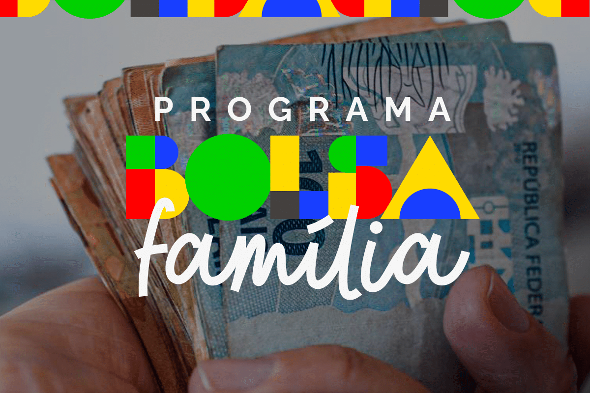 Imagem do programa Bolsa Família, com notas de dinheiro em segundo plano, ilustrando os pagamentos de benefícios sociais.