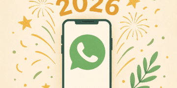 Ilustração de um celular com o logo do WhatsApp e o número 2026 ao fundo