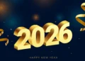 Celebração do Ano Novo 2026 com números dourados e fitas douradas, representando o início de um novo ano com metas e realizações.