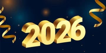 Celebração do Ano Novo 2026 com números dourados e fitas douradas, representando o início de um novo ano com metas e realizações.