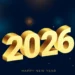 Celebração do Ano Novo 2026 com números dourados e fitas douradas, representando o início de um novo ano com metas e realizações.