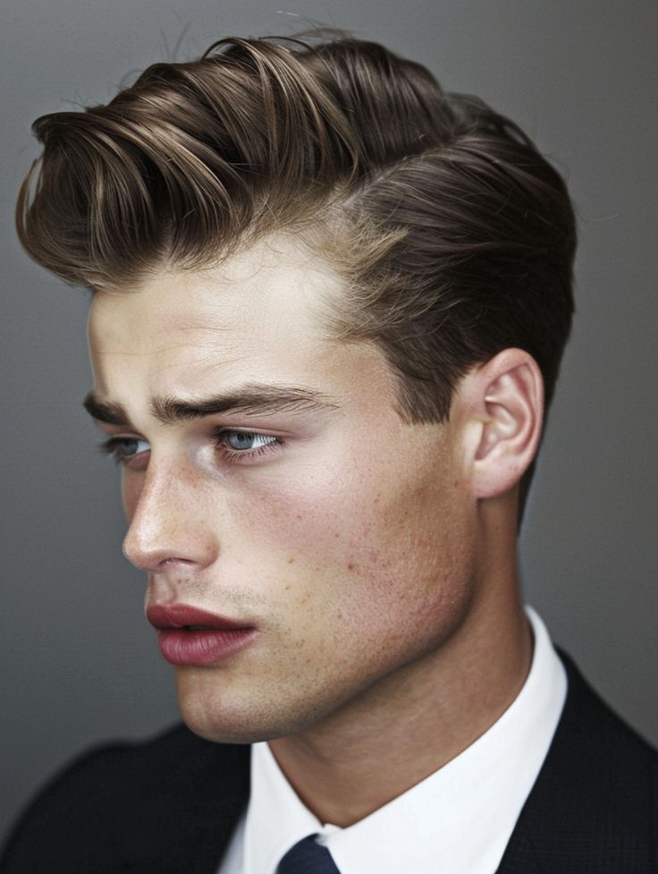 Jovem elegante com um corte de cabelo Quiff clássico (topete), destacando o volume mediano e as laterais baixas, ideal para um visual atemporal.