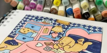 Ilustração de um cachorro fofinho colorindo em um ambiente acolhedor, com uma cama e móveis, mostrando como a arte e a criatividade podem ajudar a acalmar e melhorar o bem-estar mental.