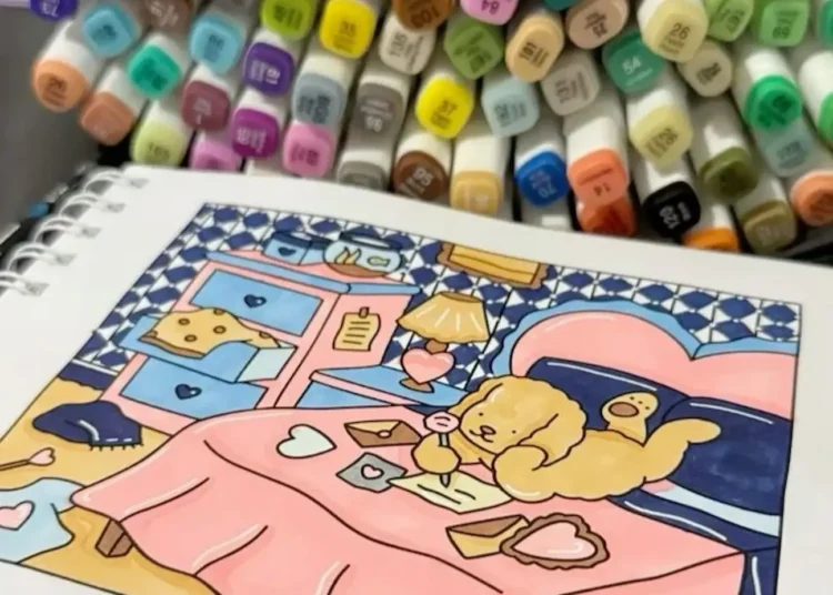 Ilustração de um cachorro fofinho colorindo em um ambiente acolhedor, com uma cama e móveis, mostrando como a arte e a criatividade podem ajudar a acalmar e melhorar o bem-estar mental.