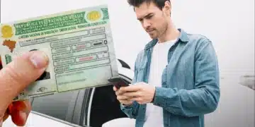 Motorista jovem ao lado de um carro verificando informações no celular, com a nova Carteira Nacional de Habilitação (CNH) física em destaque, representando a renovação do documento.