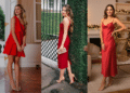 Montagem de três looks femininos para o Natal: Vestido longo verde-esmeralda, combinação casual com blusa vermelha e shorts neutro, e um slip dress longo vermelho-seda. Modelos posam em frente a árvores de Natal decoradas.