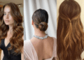 Montagem de três opções de penteados femininos elegantes para festas: cabelo longo solto com ondas largas, coque baixo polido com acessórios e penteado meio-preso com volume no topo.