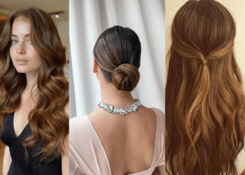 Montagem de três opções de penteados femininos elegantes para festas: cabelo longo solto com ondas largas, coque baixo polido com acessórios e penteado meio-preso com volume no topo.