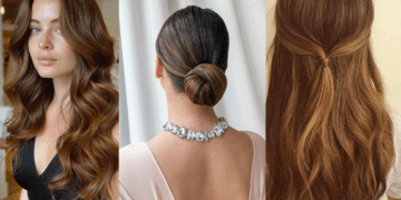 Montagem de três opções de penteados femininos elegantes para festas: cabelo longo solto com ondas largas, coque baixo polido com acessórios e penteado meio-preso com volume no topo.