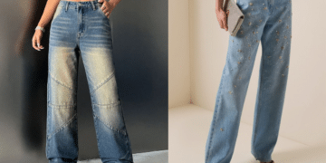 Modelos de calças jeans largos e customizados (Wide leg e aplicações) (Tendências de moda denim dos anos 70 para 2026)