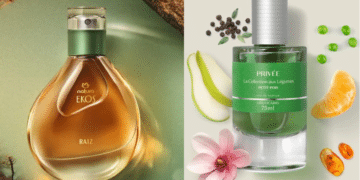 Imagem dupla: Perfume Natura Ekos Raiz com frasco em tons terrosos e o perfume Privée Petit Pois d'O Boticário, com notas verdes e cítricas, representando opções frescas para o verão.