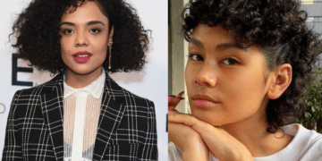 Colagem de dois cortes para cabelos cacheados: um bob arredondado com volume e um estilo curto texturizado e moderno.