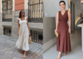 Uma montagem com duas fotos de moda feminina. À esquerda, uma mulher em uma rua de paralelepípedos usa um vestido longo branco de laise com babados nas alças e bolsa de palha. À direita, uma mulher em um ambiente interno veste um vestido midi marrom acobreado com decote em V e sandálias douradas.