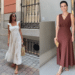 Uma montagem com duas fotos de moda feminina. À esquerda, uma mulher em uma rua de paralelepípedos usa um vestido longo branco de laise com babados nas alças e bolsa de palha. À direita, uma mulher em um ambiente interno veste um vestido midi marrom acobreado com decote em V e sandálias douradas.