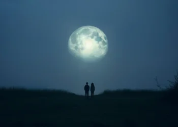 Casal observando uma lua gigante em meio à neblina ao anoitecer.