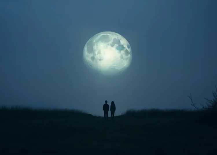 Casal observando uma lua gigante em meio à neblina ao anoitecer.