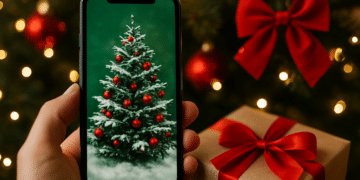 Mão segurando celular com imagem de árvore de Natal decorada, presente e laço vermelho ao fundo