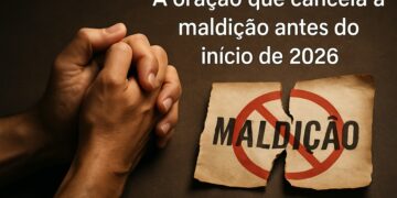 Mãos em posição de oração ao lado de um papel rasgado escrito 'maldição' com um símbolo de proibição