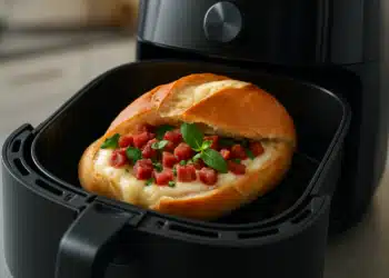 Pão recheado com queijo derretido e calabresa preparado na airfryer para o fim de semana.