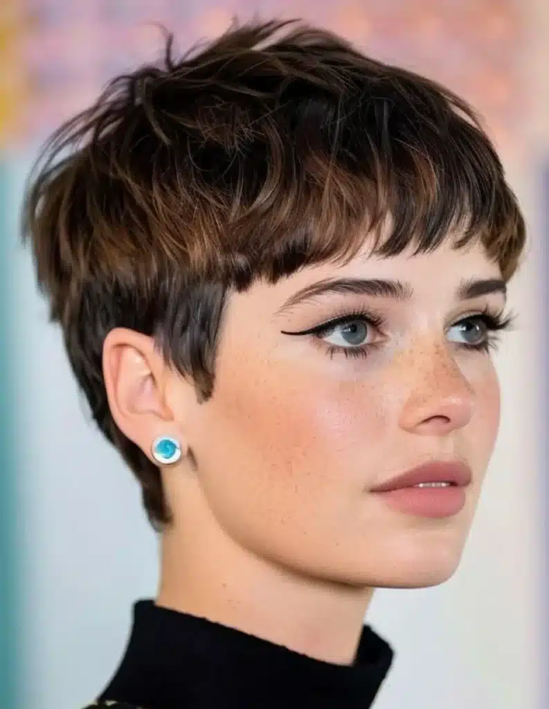 Corte pixie feminino atual Mulher com corte pixie moderno visto de perfil.
