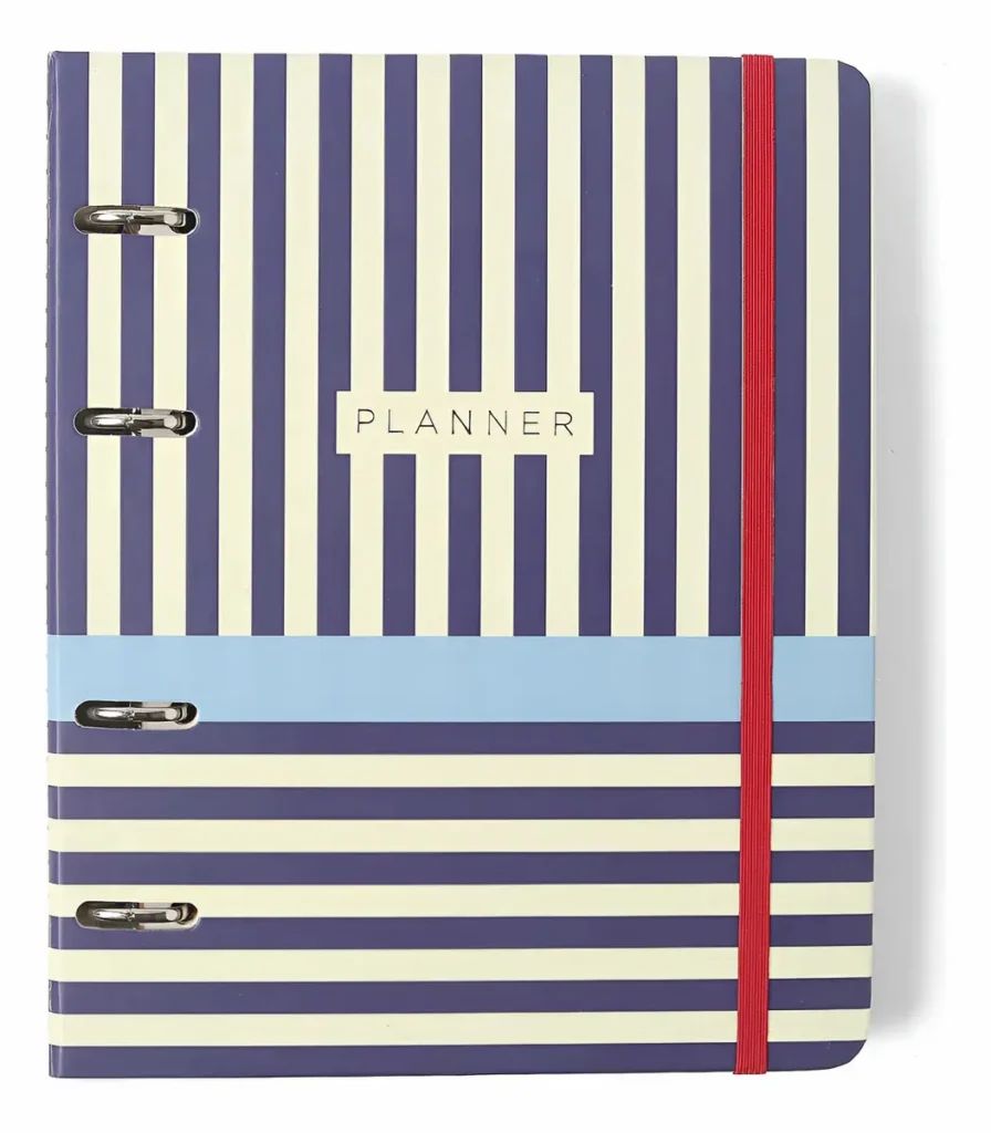 Planner Cicero A5 Planner Cicero A5 com capa listrada e elástico vermelho, estrutura personalizável.