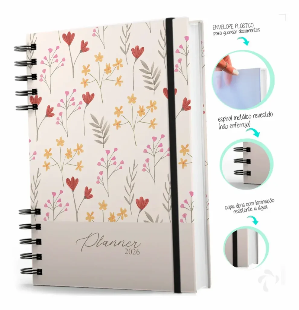 Planner Nisti Print 2026 Planner 2026 com capa floral e espiral metálico, ideal para organização semanal e mensal.