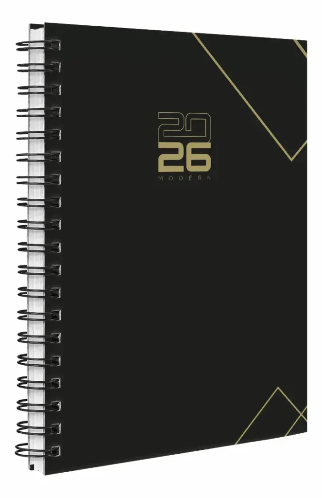 Planner Semanal Modern 2026 Planner Semanal Modern 2026, capa preta com detalhes dourados e espiral.