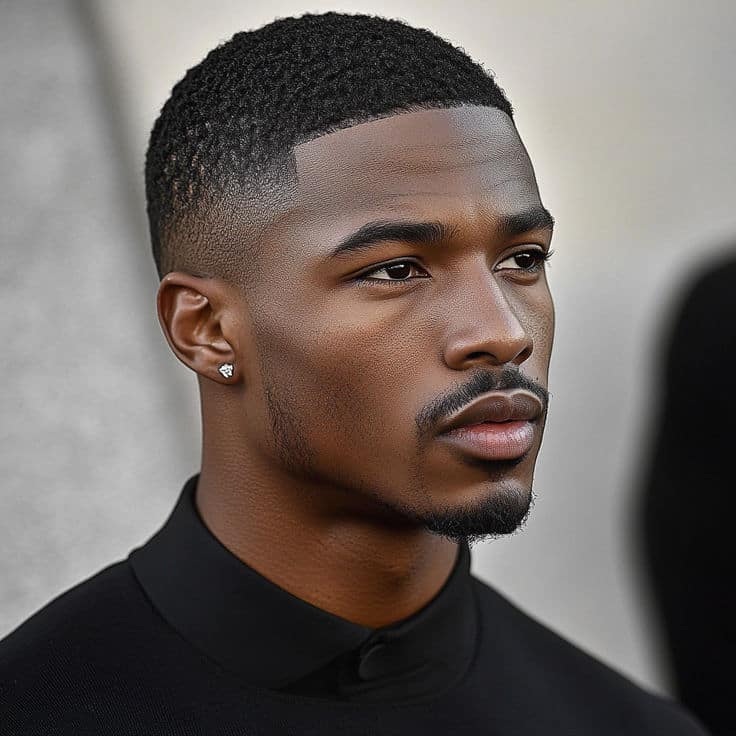 Homem com corte de cabelo High and Tight, que apresenta um contraste discreto e elegante entre as laterais muito curtas (máquina) e o topo cortado na tesoura.