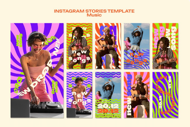 Várias capas coloridas para stories do Instagram com temas musicais e fotos de DJs e músicos tocando guitarra.