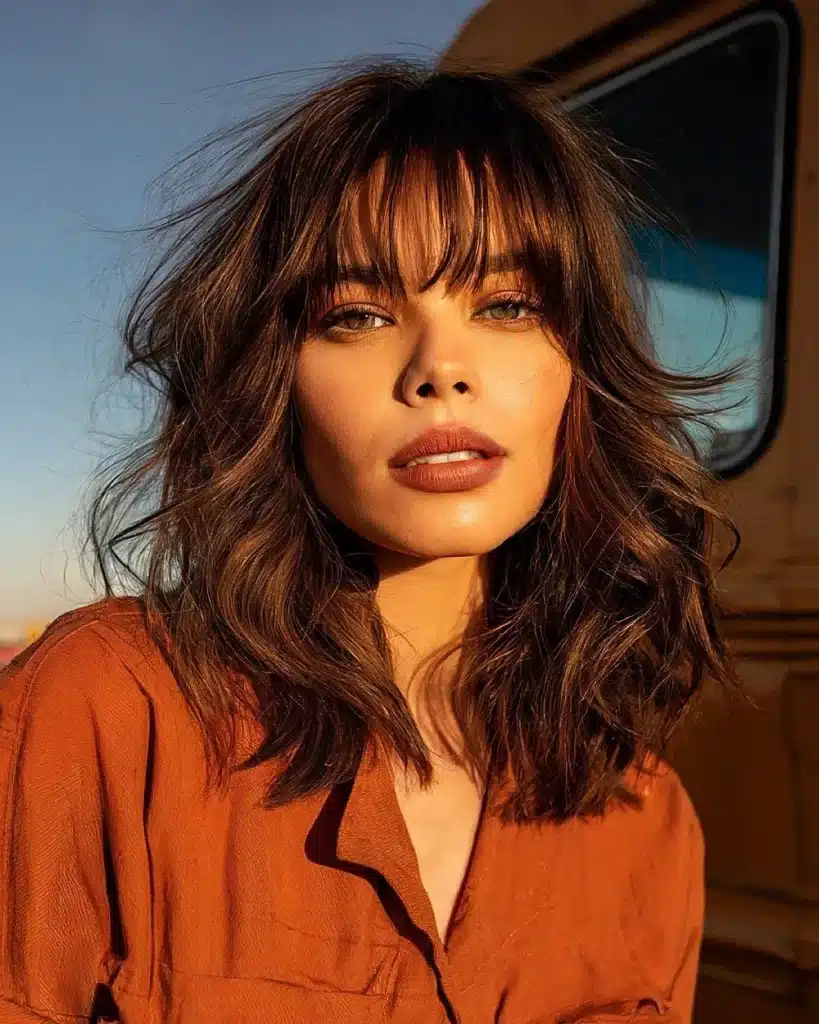 Wispy Bangs com fios desfiados Franja Wispy Bangs, com fios desfiados e suaves, criando um look moderno e leve.