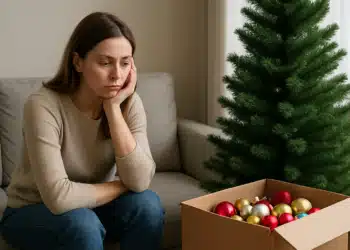 Mulher sentada triste ao lado de uma árvore de Natal inacabada, refletindo sobre os sentimentos subconscientes relacionados ao Natal.