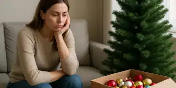 Mulher sentada triste ao lado de uma árvore de Natal inacabada, refletindo sobre os sentimentos subconscientes relacionados ao Natal.