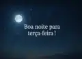 Imagem de uma noite estrelada com a lua, acompanhada de uma mensagem de boa noite para terça-feira, convidando para um descanso com pensamentos positivos.