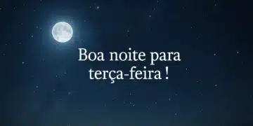 Imagem de uma noite estrelada com a lua, acompanhada de uma mensagem de boa noite para terça-feira, convidando para um descanso com pensamentos positivos.